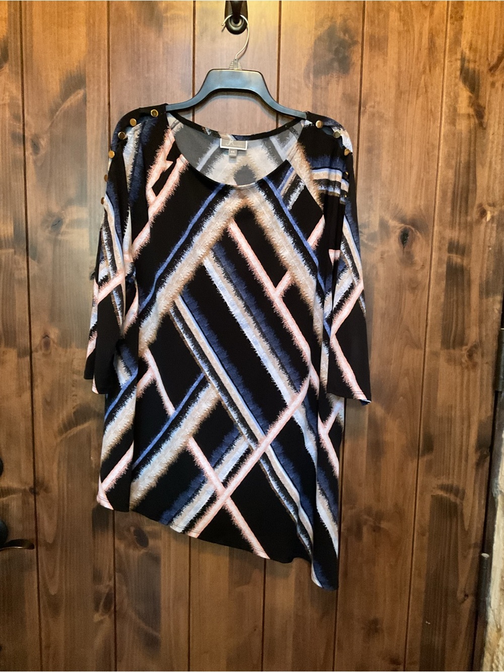 JM Collection Black Asymmetric Geometric Tunic with Blue & Blush Stripes